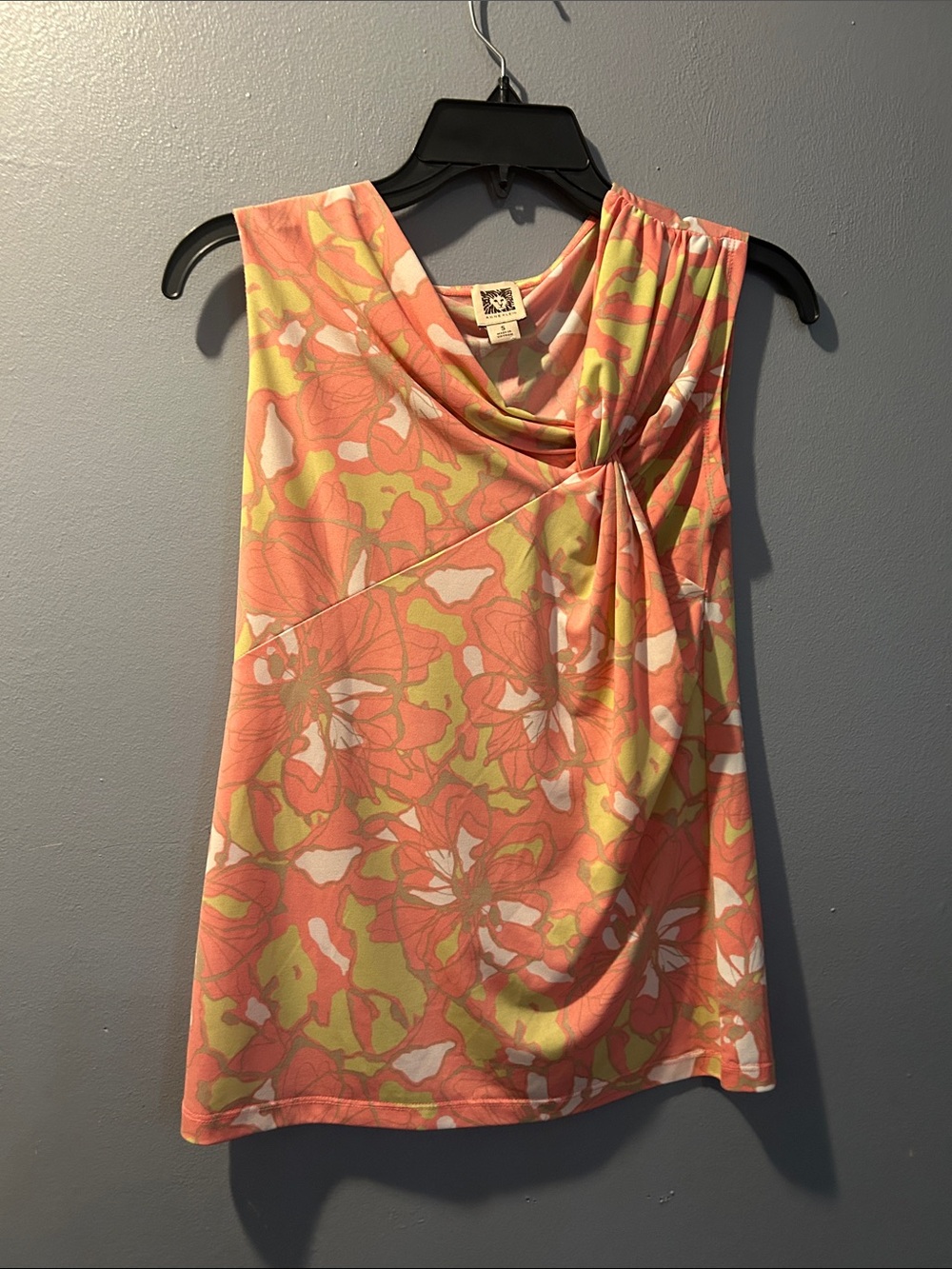 Anne Klein Coral and Yellow Floral Twist-Neck Sleeveless Top